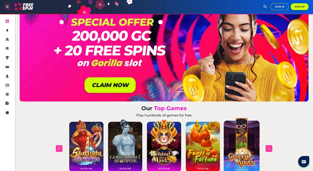 Free Spin Casino homepage showing sign-up offer for Florida players