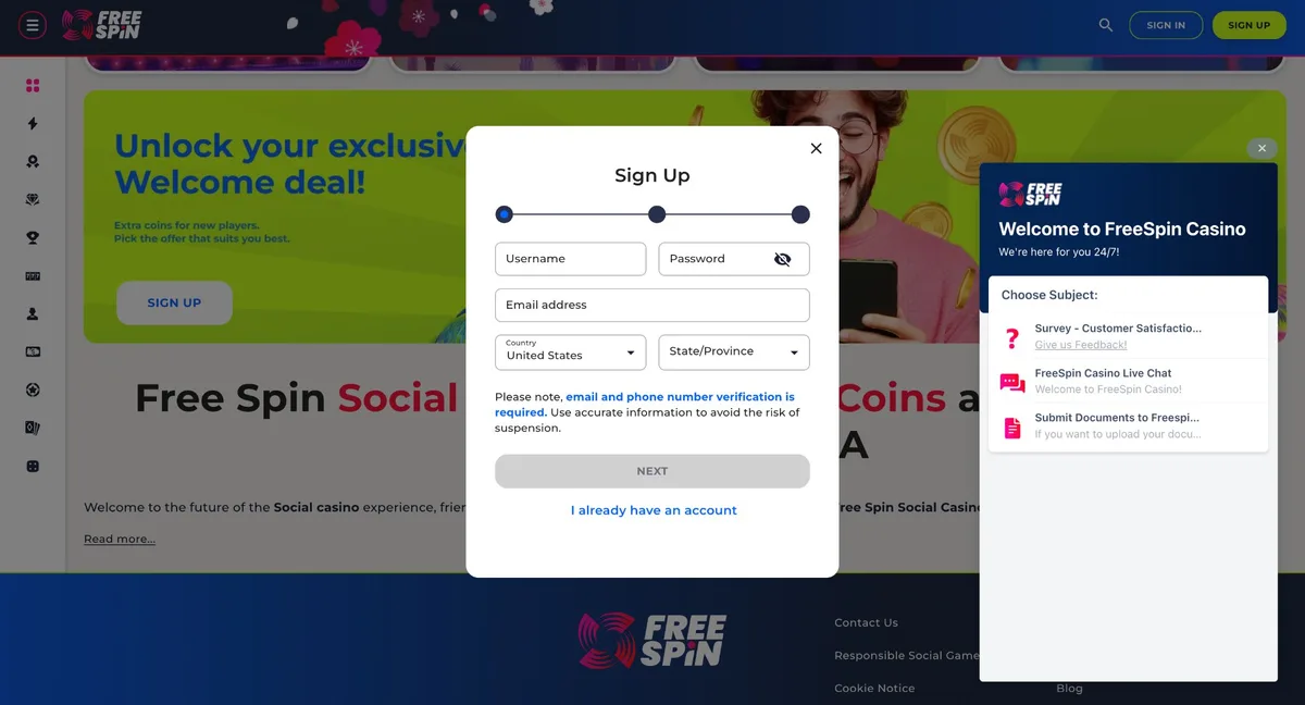 Free Spin Casino registration form with Florida state selection